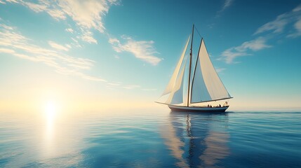 Sticker - A majestic sailboat with billowing sails glides across a calm blue sea under a clear azure sky, capturing a peaceful maritime scene with vibrant colors and lens flare.