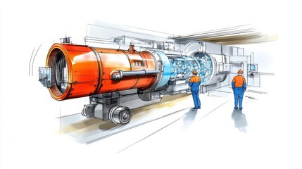 Poster - Industrial Machine with Engineers in Modern Workshop