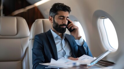 Handsome pensive middle eastern businessman talking on mobile phone holding financial report working with documents sitting in plane Confident entrepreneur flying private jet successfu