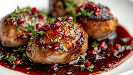 Meatballs garnished with pomegranate and herbs on a plate.