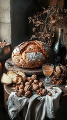 Canvas Print - Rustic Still Life with Bread, Walnuts, and Almonds