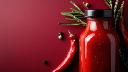 An artfully arranged shot of a red sauce bottle accompanied by rosemary, chilis, and peppercorns on a red background, showcasing culinary enthusiasm and flavor.