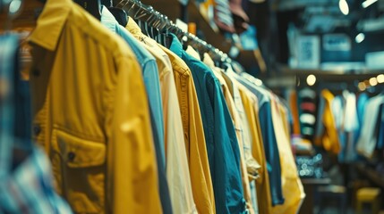 Slow fashion Clothes on hangers in a shop showcase Recycled organic apparel