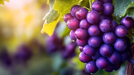 Wall Mural - Purple grape clusters glisten with dew, hanging from green vine leaves in bright natural light, capturing the essence of wine vineyard harvest season.