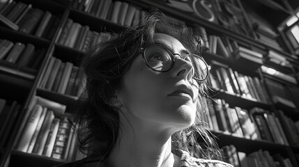 A woman wearing glasses gazes upwards while surrounded by towering bookshelves in a well-lit library, evoking a sense of curiosity and contemplation