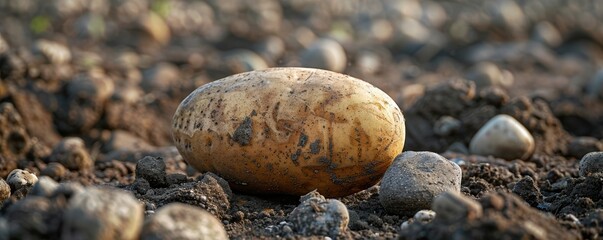 Wall Mural - Close-up view of a single freshly harvested potato lying on the soil among rocks and dirt in an agricultural field, highlighting the natural state and texture of the vegetable