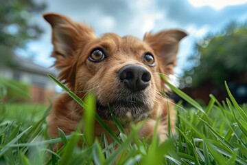 Close-up of a playful brown dog lying in lush green grass in a backyard, gazing intently with curious eyes and ears perked up, under a partly cloudy sky