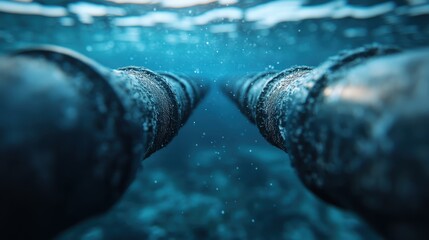 This image captures a close-up of two large cables submerged underwater, highlighting their texture and the clear blue ocean background, representing technology and connectivity.