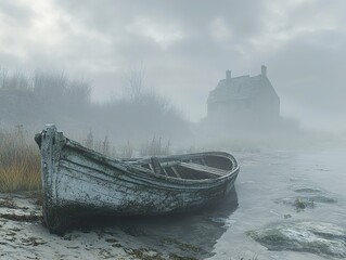 Poster - Eerie Foggy Landscape with Abandoned Boat and Cottage