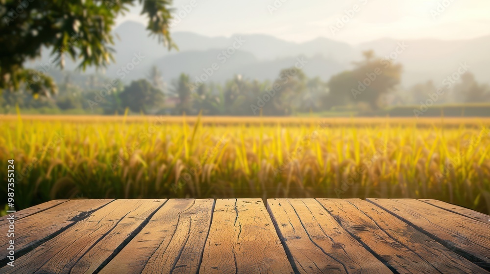 Wooden table on blurred rice field background in daytime. Whole grain ...
