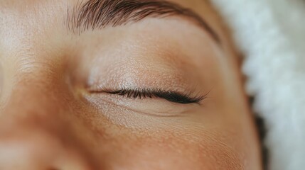 This photograph captures a serene moment of relaxation depicted by a close-up image of a closed eye, accompanied by smooth skin textures and well-groomed eyebrows.