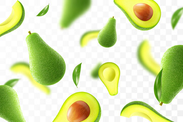 Wall Mural - Flying ripe fresh avocado. Bright advertising background falling juicy fruit avocado. Realistic illustration with blurred effect. 3d vector design for advertising banners and web page design