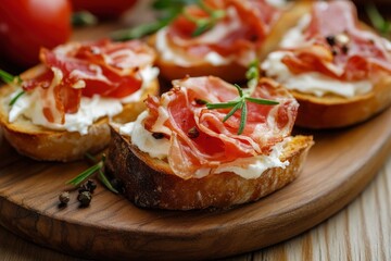 Bruschetta with prosciutto bacon and cream cheese on wooden plate , ai