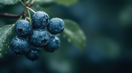 A vivid image of fresh blueberries on a branch, covered in water droplets, evokes a sense of freshness and purity, perfect for promoting healthy and organic living.