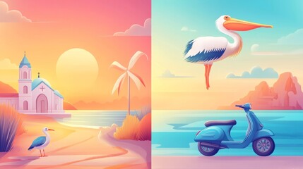 Canvas Print - A serene coastal landscape with a church, a pelican, and a scooter.