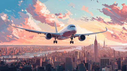 Wall Mural - Majestic Flat Vector Airplane Soaring High Over Metropolis.