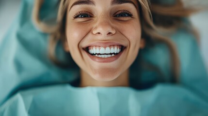 A woman showing a bright, radiant smile with teeth exposed, lying on a dental chair, portraying happiness and comfort during a dental check-up.