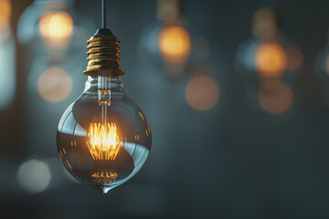 Bulbs hanging from the ceiling glow with a yellow light. Contrasting with the dark gray background.