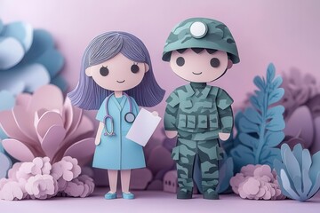 Cute Paper-Craft Soldier and Nurse with Pastel Background