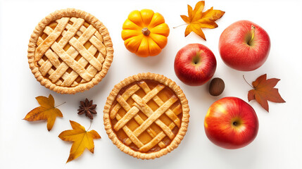 Wall Mural - Warm pumpkin pies and fresh apples are arranged in a cozy autumn setting, evoking the comforting flavors of fall and the warmth of home.