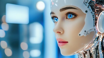 A woman with blue eyes and a robotic face