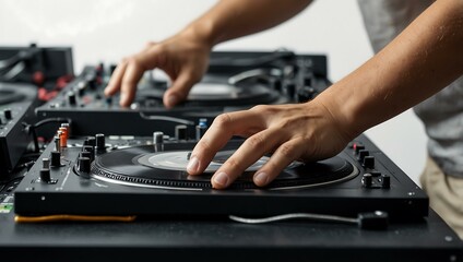 Deejay mixing on turntables, isolated on white background.