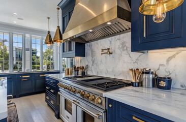 A classic kitchen with navy cabinets, white marble countertops, and brass fixtures, featuring an elegant stainless steel stove and oven under hanging pendant lights above the island