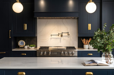 A kitchen with navy cabinets, a white marble backsplash, and a dark grey stove. The sink faucet and light fixtures above it are brass.