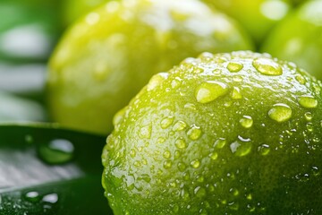 Wall Mural - Water drops on ripe sweet lemon. Fresh lime background with copy space for your text. Vegan and vegetarian concept , ai