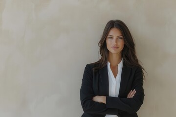 Confident Businesswoman in Black Suit Standing Against Beige Wall