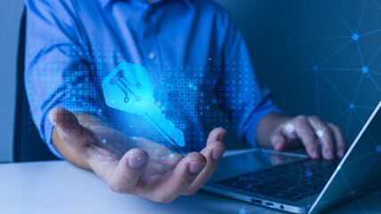Poster - Business man holding Key unlock icon to protect data.holographic technology, protecting personal data on virtual interfaces, getting keys to successfully in work