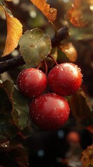 Canvas Print - Close-Up of Red Berries with Dew Drops on a Branch