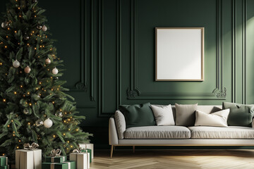 A cozy living room with a sofa, a Christmas tree, and decorations on the floor and wall in a dark green color. poster frames are on one of the walls