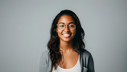 Confident student smiling against a calm gray background, embodying joy and pride in education, capturing the spirit of learning in New York