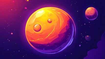 A vibrant, stylized depiction of a planet in space, with bright colors and a dynamic composition.