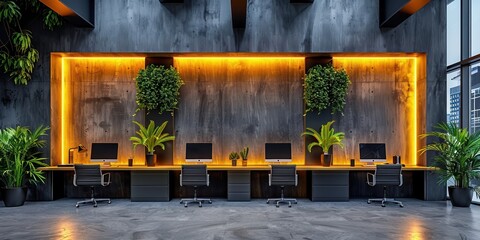 Wall Mural - a modern office workspace setup featuring four computer desks and chairs, surrounded by elegant gree