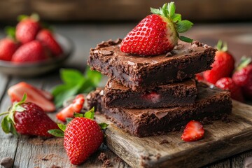 Wall Mural - Brownies with strawberries background, ai