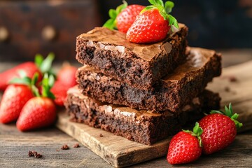 Wall Mural - Brownies with strawberries background, ai