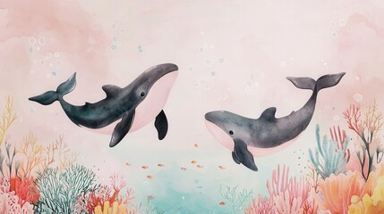 Canvas Print - Two Whales Swimming in a Coral Reef.