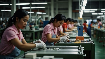 Wall Mural - Female workers assembling products on a factory line.