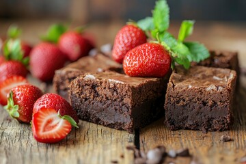 Wall Mural - Brownies with strawberries background, ai