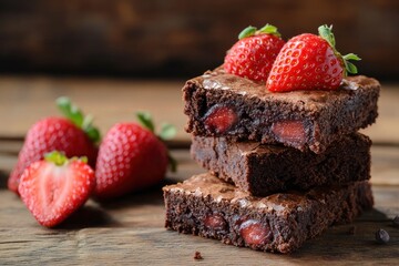 Wall Mural - Brownies with strawberries background, ai