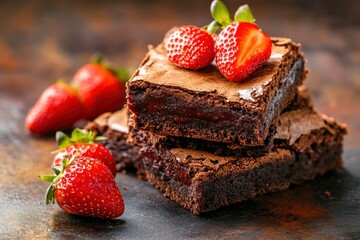 Wall Mural - Brownies with strawberries background, ai