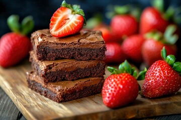 Wall Mural - Brownies with strawberries background, ai