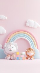 Poster - Cute Cartoon Lions with Rainbow and Clouds on Pink Background.