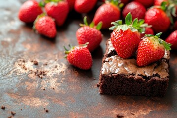 Wall Mural - Brownies with strawberries background, ai