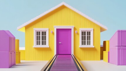 Wall Mural - A yellow house with a pink door and a conveyor belt leading to the entrance.