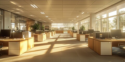 Wall Mural - spacious and modern open-plan office space bathed in warm natural sunlight with organized desks, com