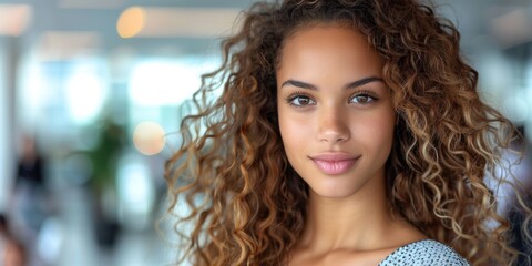 a young woman with curly hair smiling confidently at the camera in a brightly lit indoor setting, ex