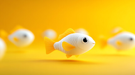 A vibrant scene featuring cheerful white and yellow fish swimming against a bright yellow background, evoking a sense of joy and playfulness in an aquatic environment.